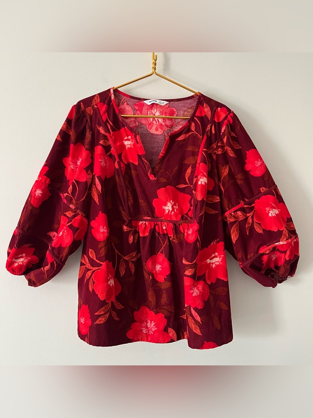 Women's Sonoma Bold Burgundy Red Floral Corduroy Relaxed Modest Peasant Top 2X